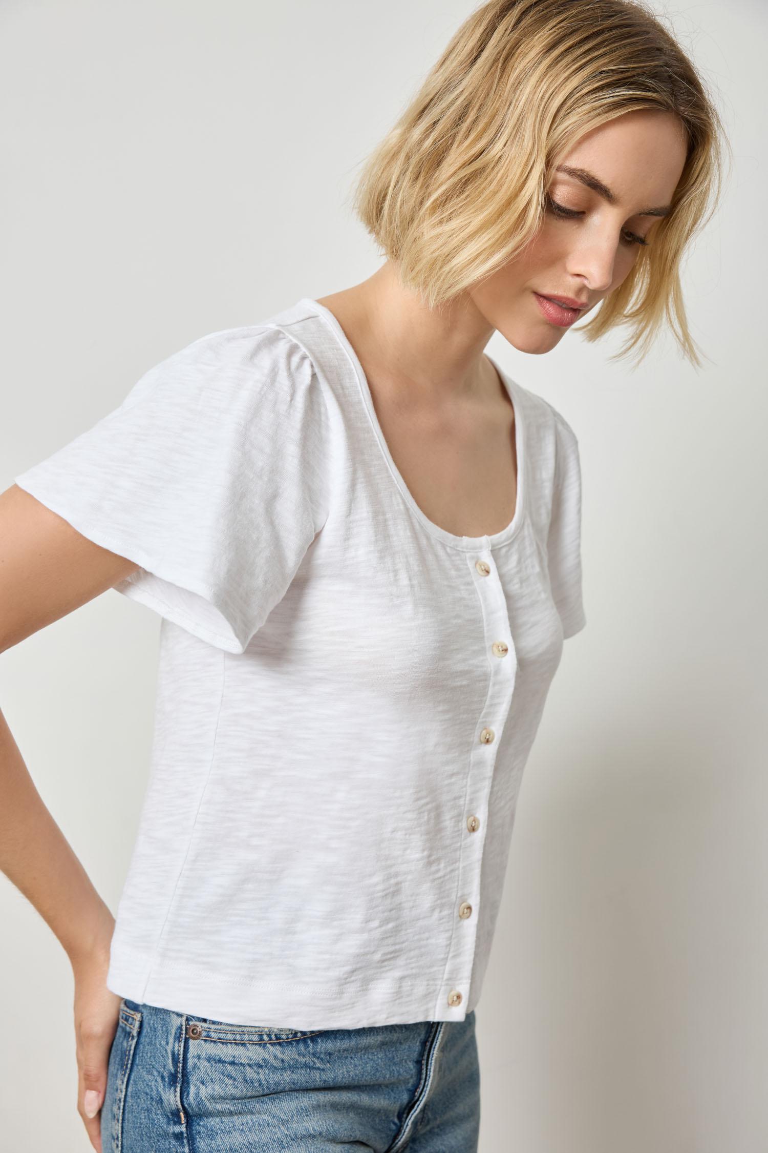 Button Front Flutter Sleeve Womens Top White A1