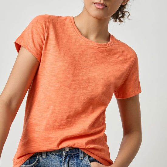 Short Sleeve Back Seam Crewneck Womens Top Tangerine A1