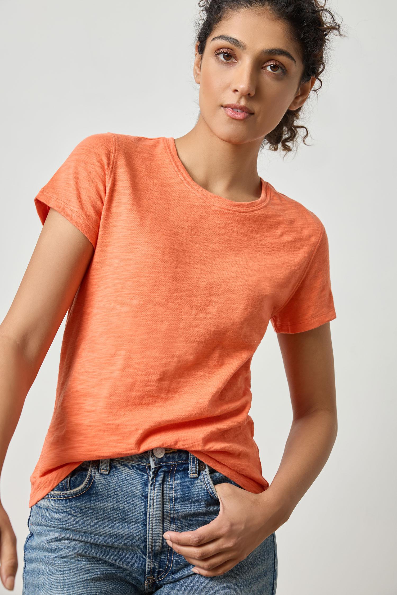 Short Sleeve Back Seam Crewneck Womens Top Tangerine A1