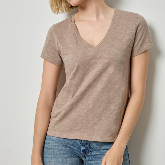 Short Sleeve Back Seam V-Neck Womens Top Driftwood A1