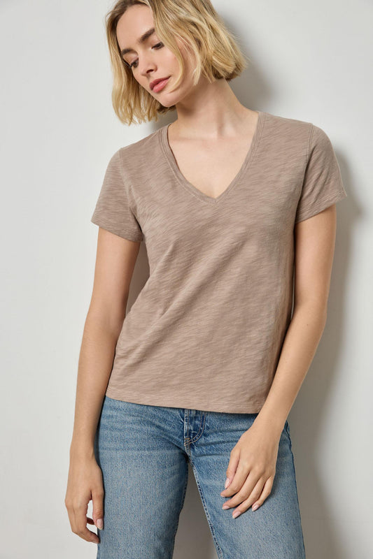 Short Sleeve Back Seam V-Neck Womens Top Driftwood A1