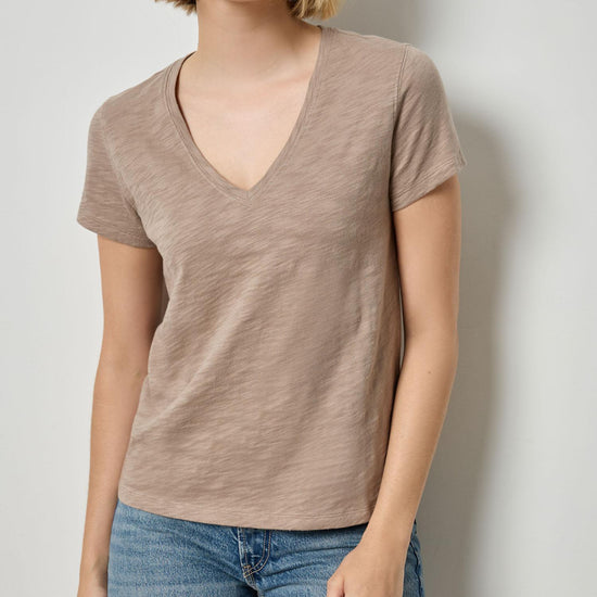 Short Sleeve Back Seam V-Neck Womens Top Driftwood A2