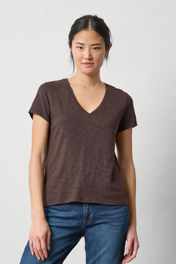 Short Sleeve Back Seam V-Neck in color Espresso Image A1