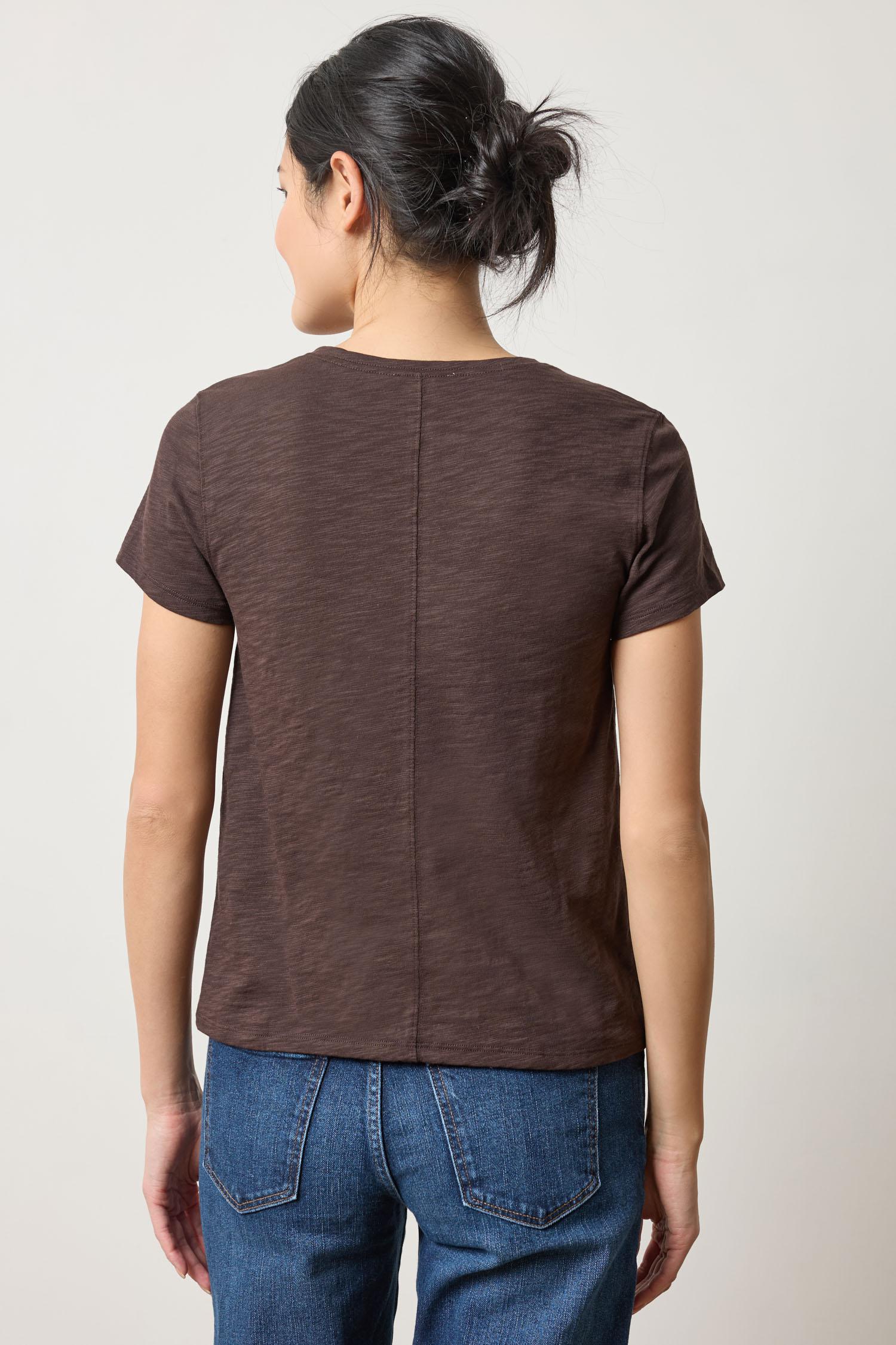 Short Sleeve Back Seam V-Neck Womens Top Espresso A2