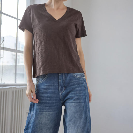 Short Sleeve Back Seam V-Neck in color Espresso Image C0