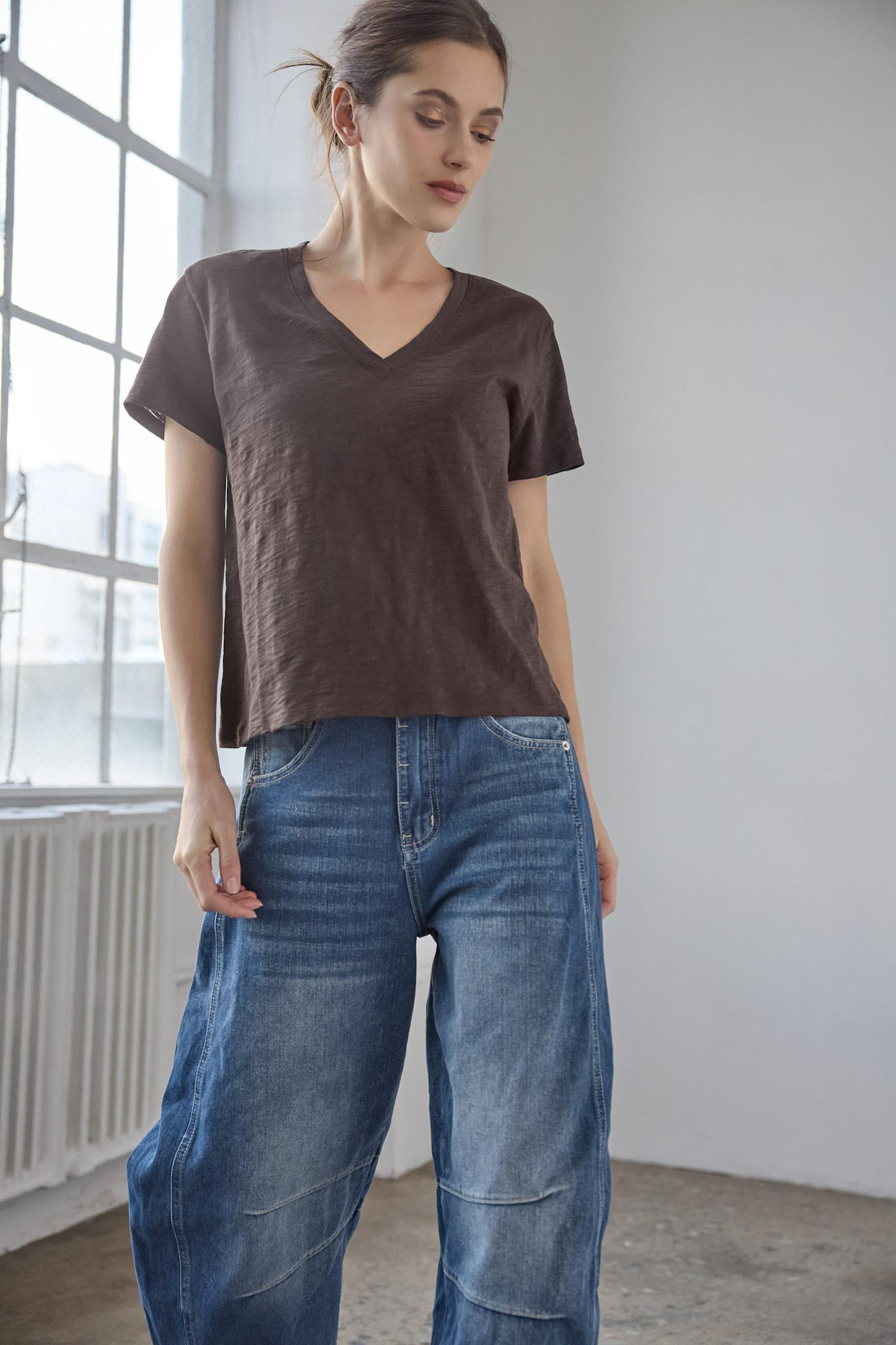 Short Sleeve Back Seam V-Neck in color Espresso Image C0