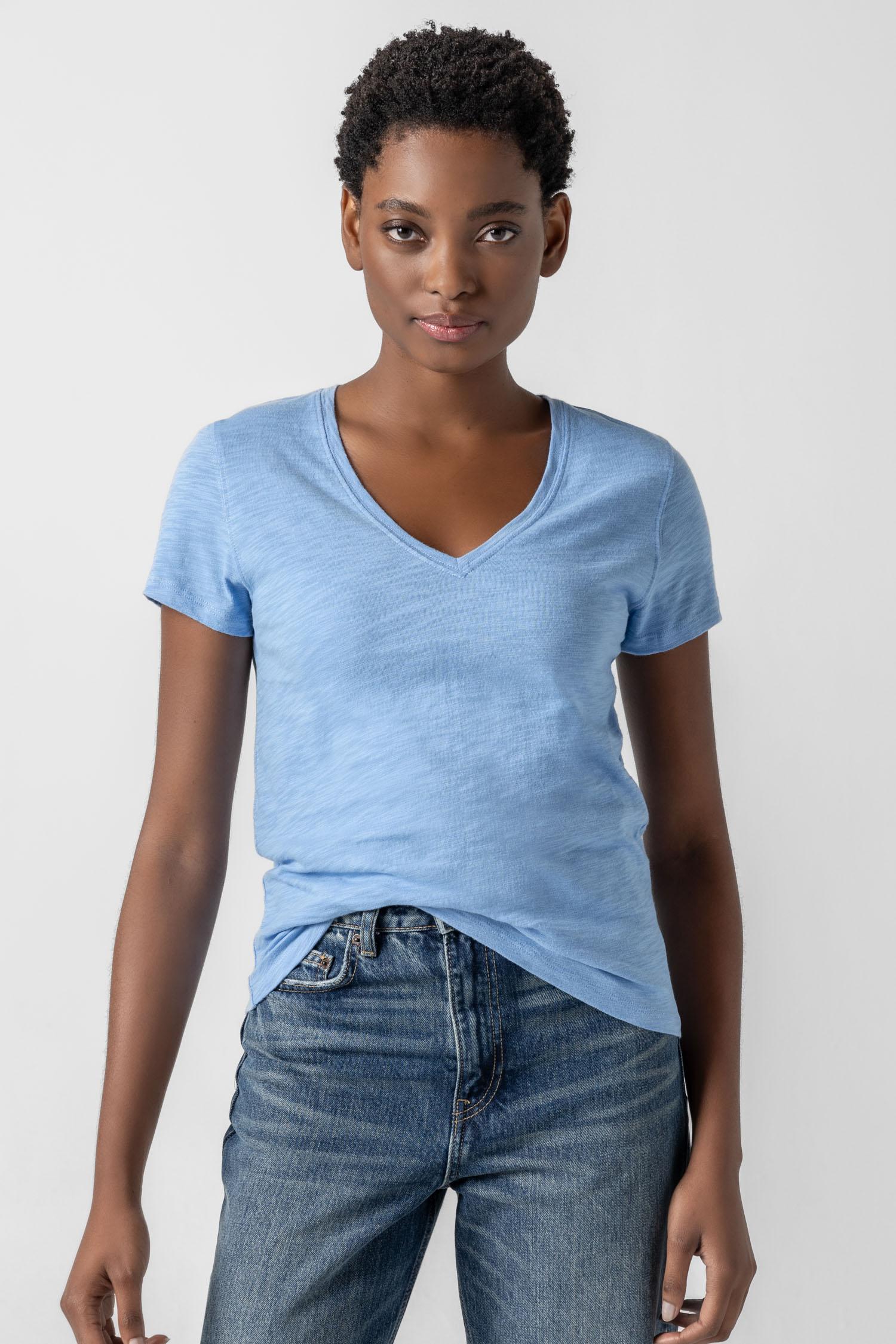 Short Sleeve Back Seam V-Neck Womens Top Malibu A1