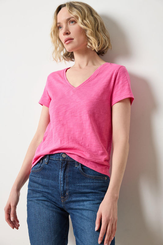 Short Sleeve Back Seam V-Neck in color Rosebud Image A1
