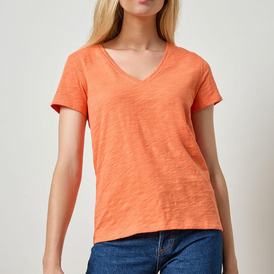 Short Sleeve Back Seam V-Neck Womens Top Tangerine A1