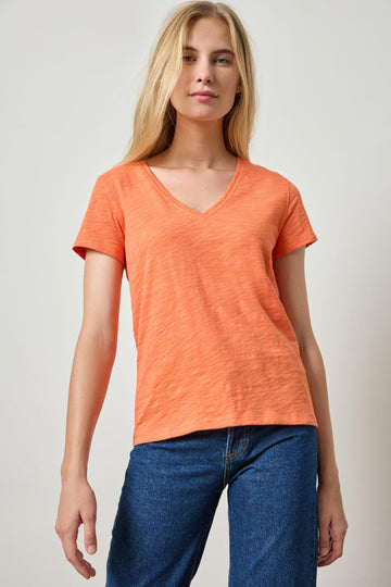 Short Sleeve Back Seam V-Neck Womens Top Tangerine A1