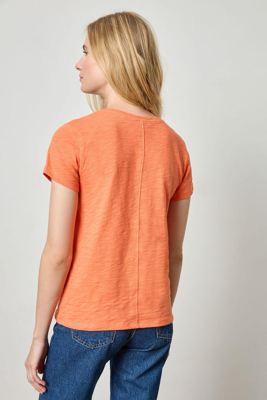 Short Sleeve Back Seam V-Neck Womens Top Tangerine A2