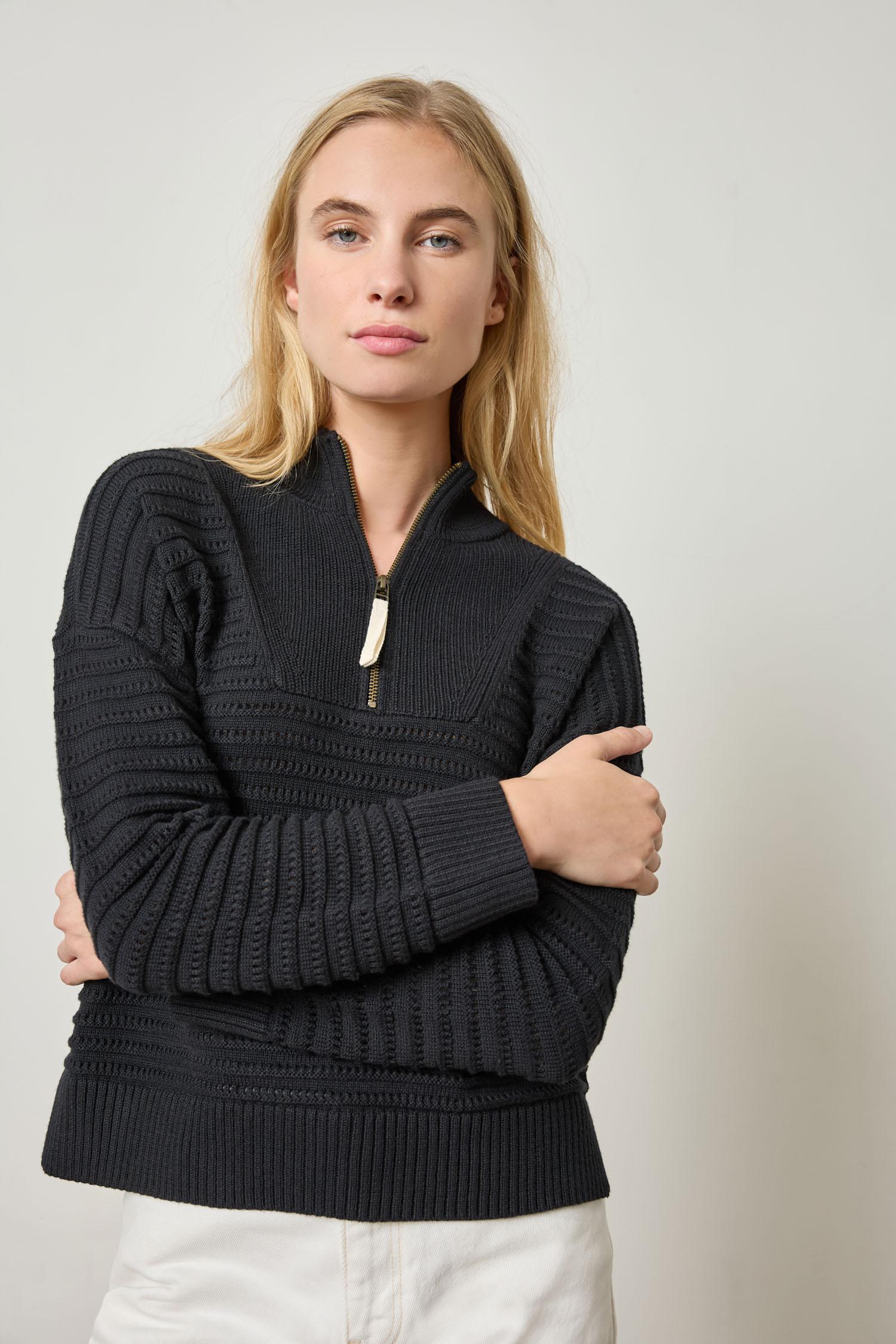 Pointelle Half Zip Sweater Womens Sweater Black A2