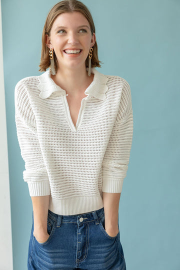 Scalloped Collar Sweater in color White Image C1