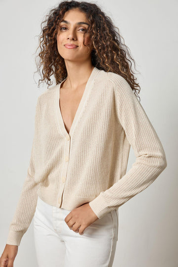 Saddle Sleeve V-Neck Cardigan in color Husk Image A2