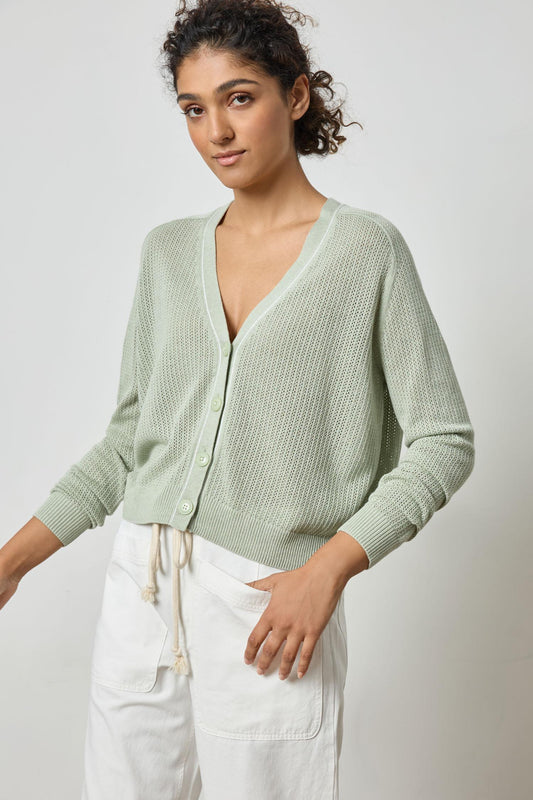 Saddle Sleeve V-Neck Cardigan in color Peapod Image A1