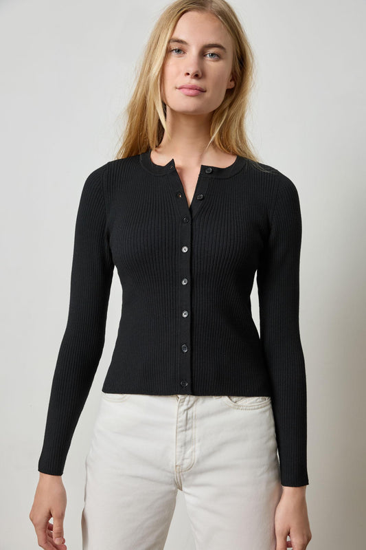 Cropped Ribbed Cardigan Womens Sweater Black A1