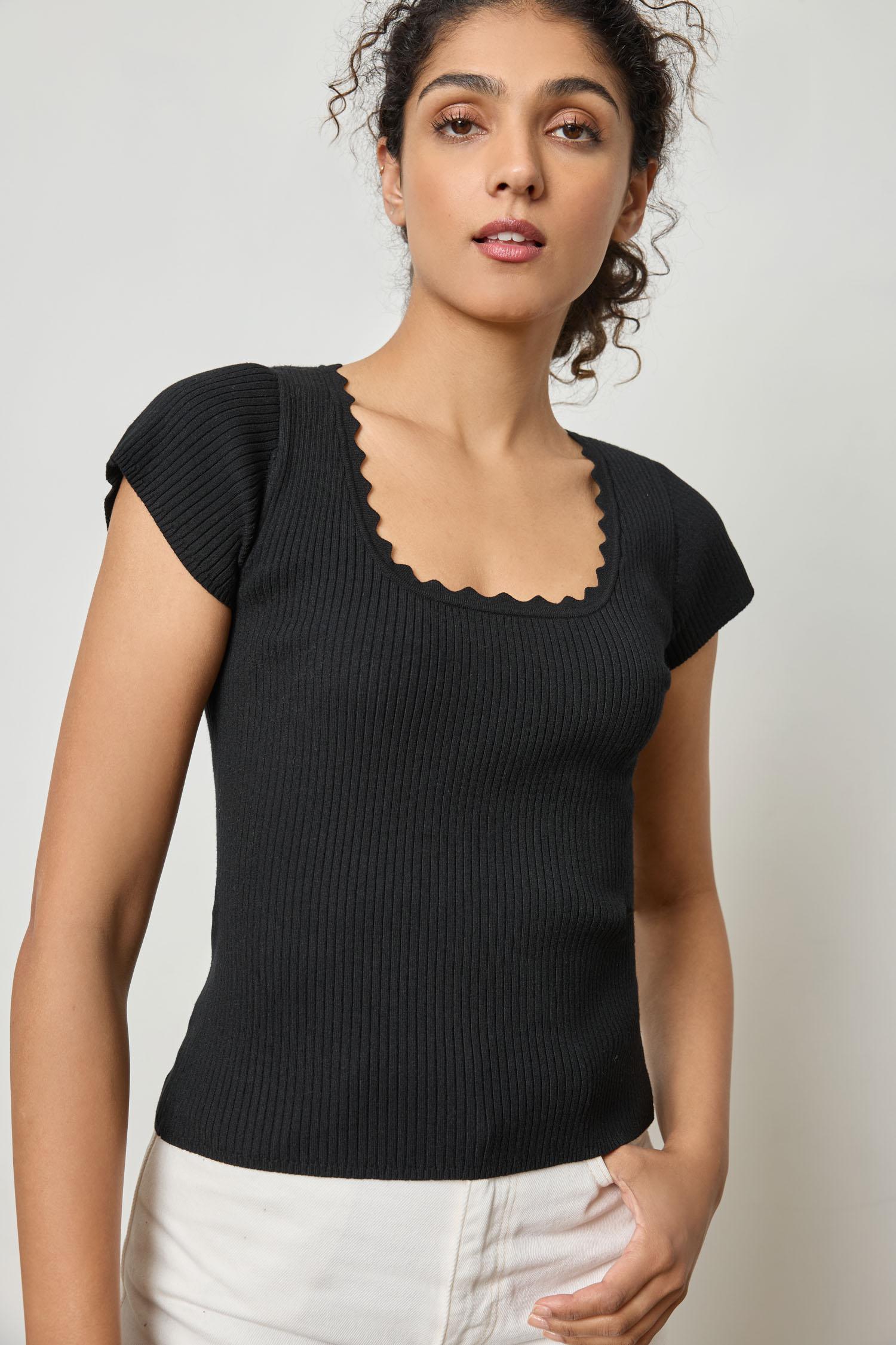 Cap Sleeve Scallop Neck Sweater Womens Sweater Black A1