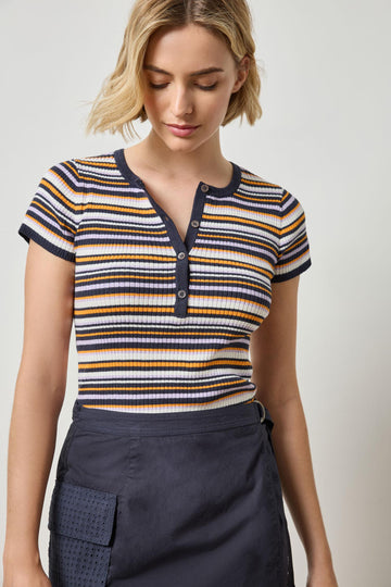 Striped Short Sleeve Henley in color Navy Stripe Image A1
