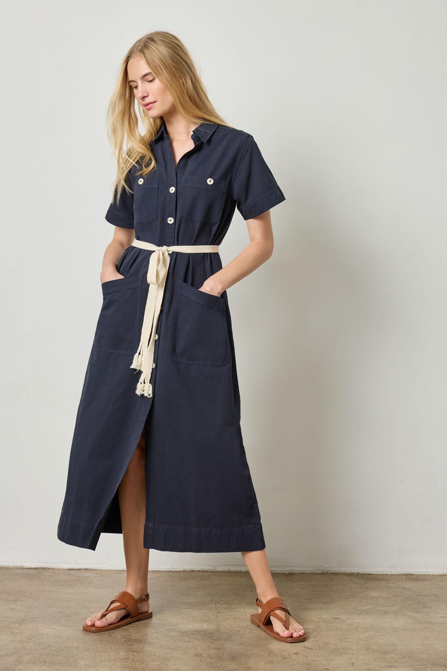 Short Sleeve Maxi Shirt Dress Womens Dress Navy A2