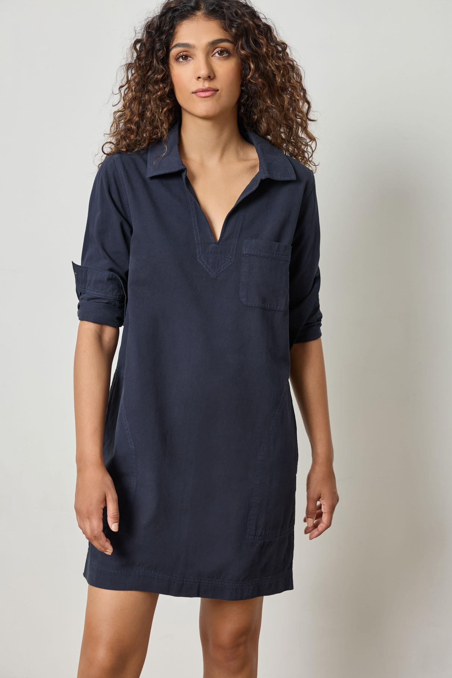 Split Neck Collared Dress Womens Dress Navy A2