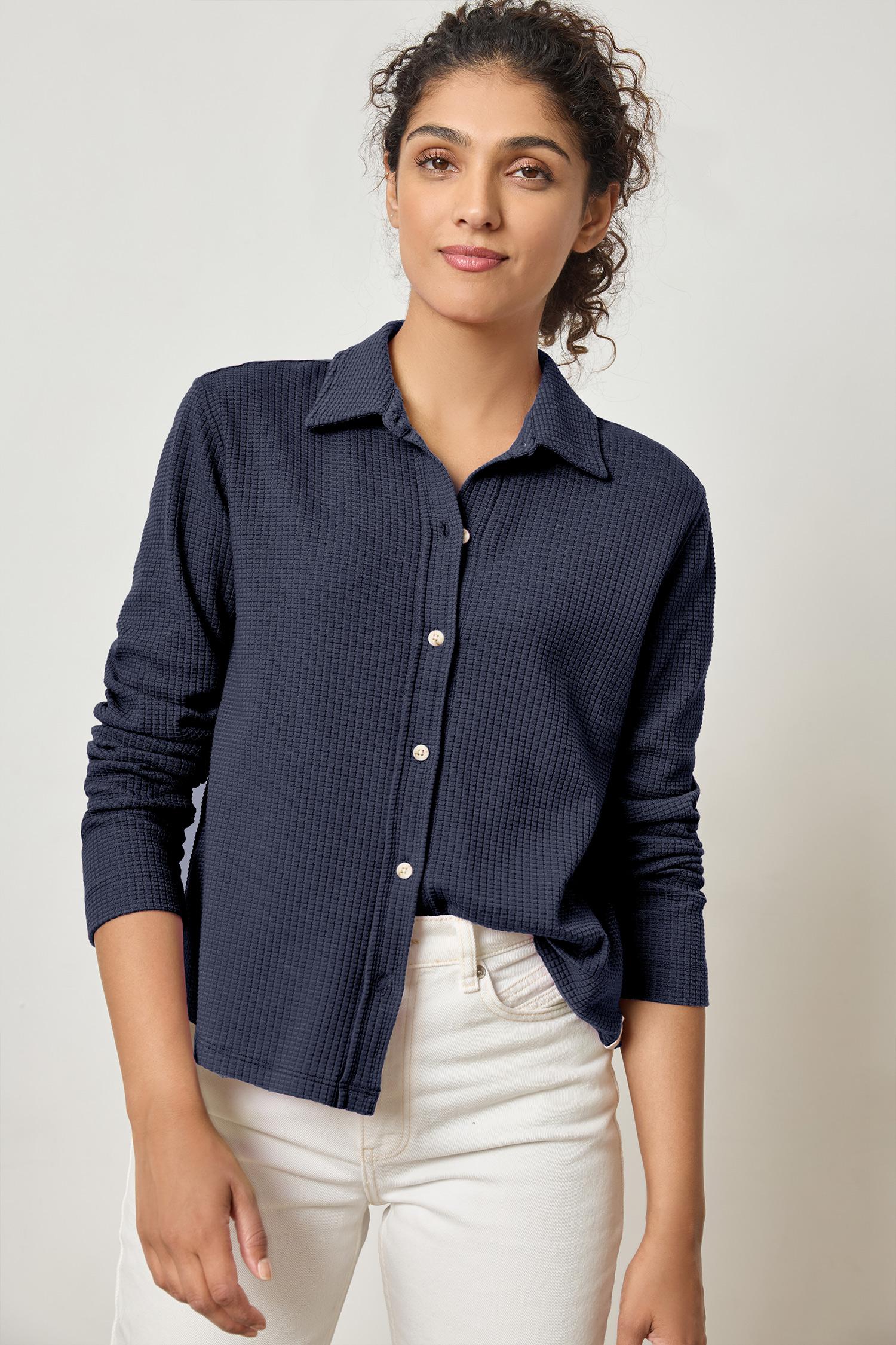 Collared Button Down Womens Top Navy A1