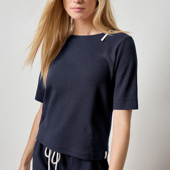 Zippered Elbow Sleeve Crewneck Womens Top Navy A1