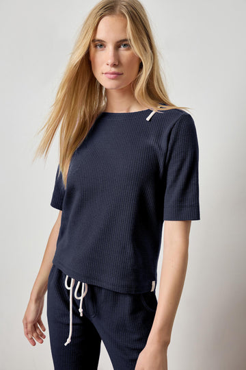 Zippered Elbow Sleeve Crewneck Womens Top Navy A1