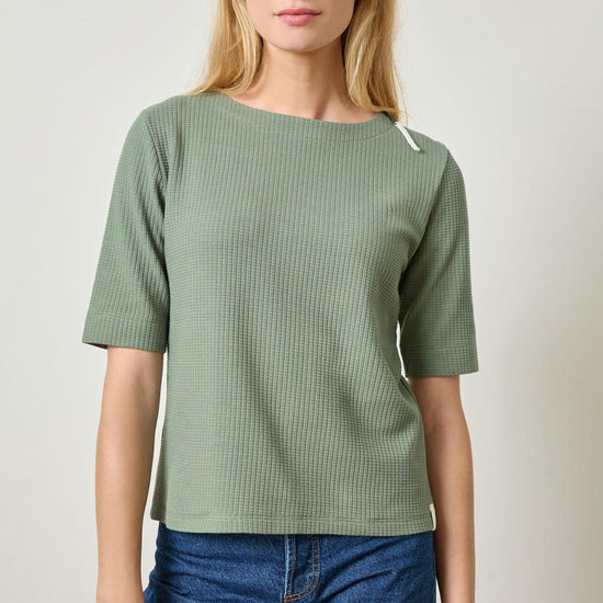 Zippered Elbow Sleeve Crewneck Womens Top Seagrass A1