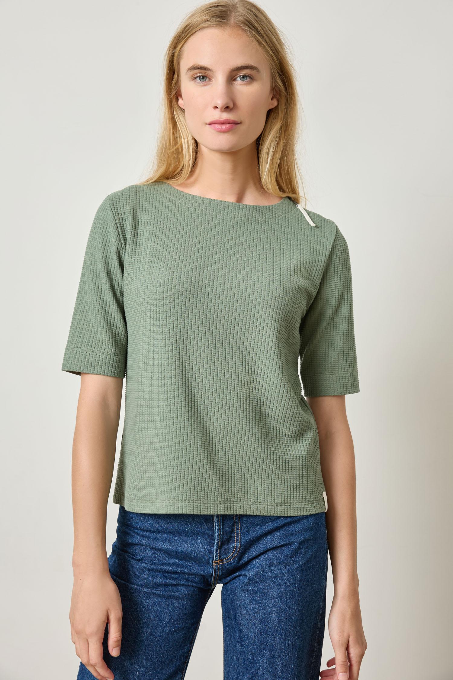 Zippered Elbow Sleeve Crewneck Womens Top Seagrass A1