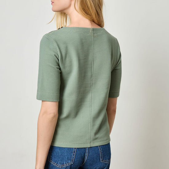 Zippered Elbow Sleeve Crewneck Womens Top Seagrass A2