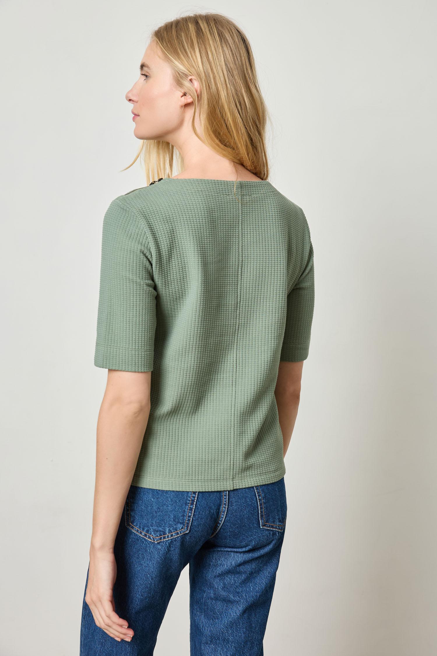 Zippered Elbow Sleeve Crewneck Womens Top Seagrass A2