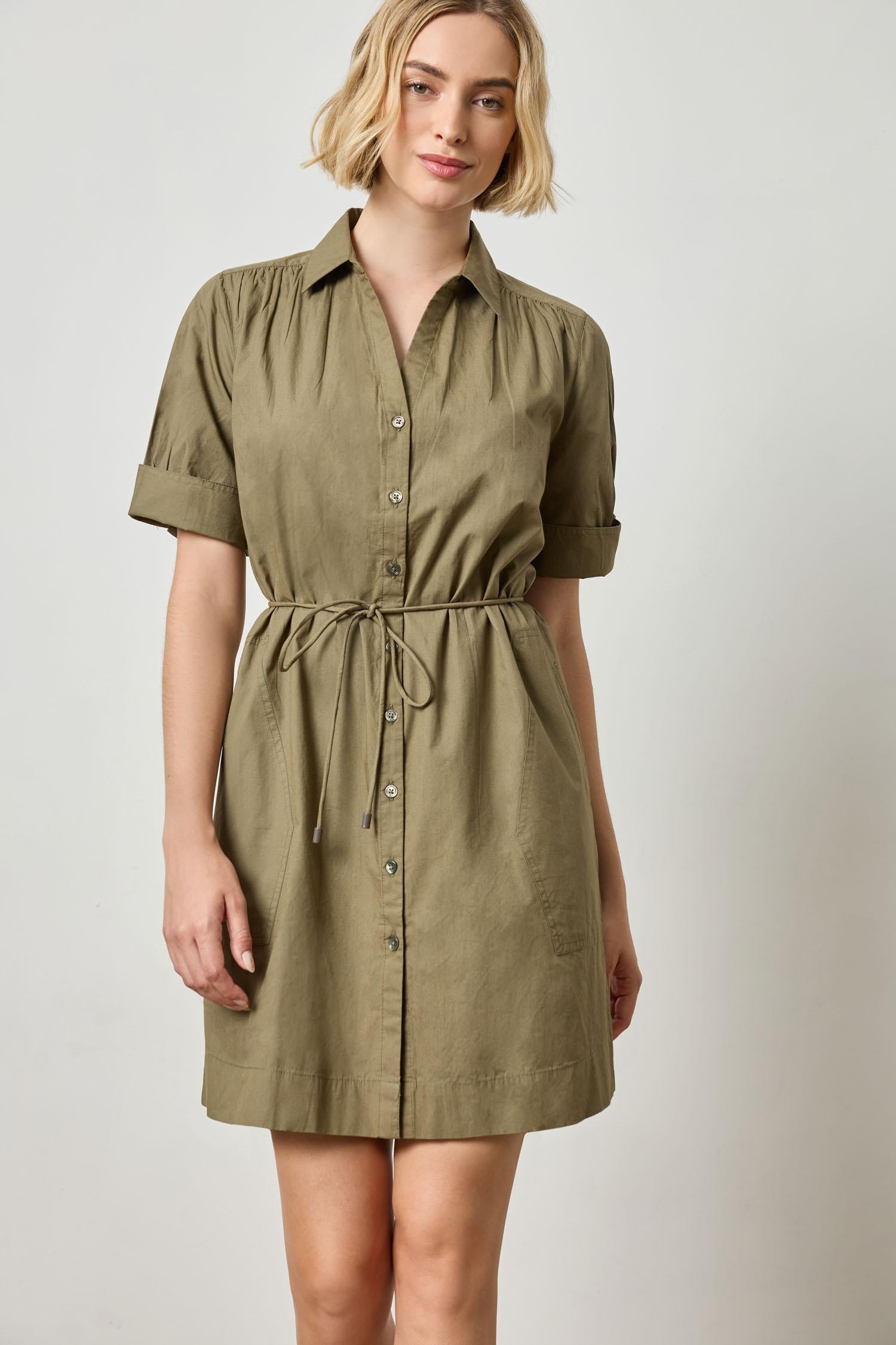 Shirred Sleeve Shirt Dress Womens Dress Kelp A1