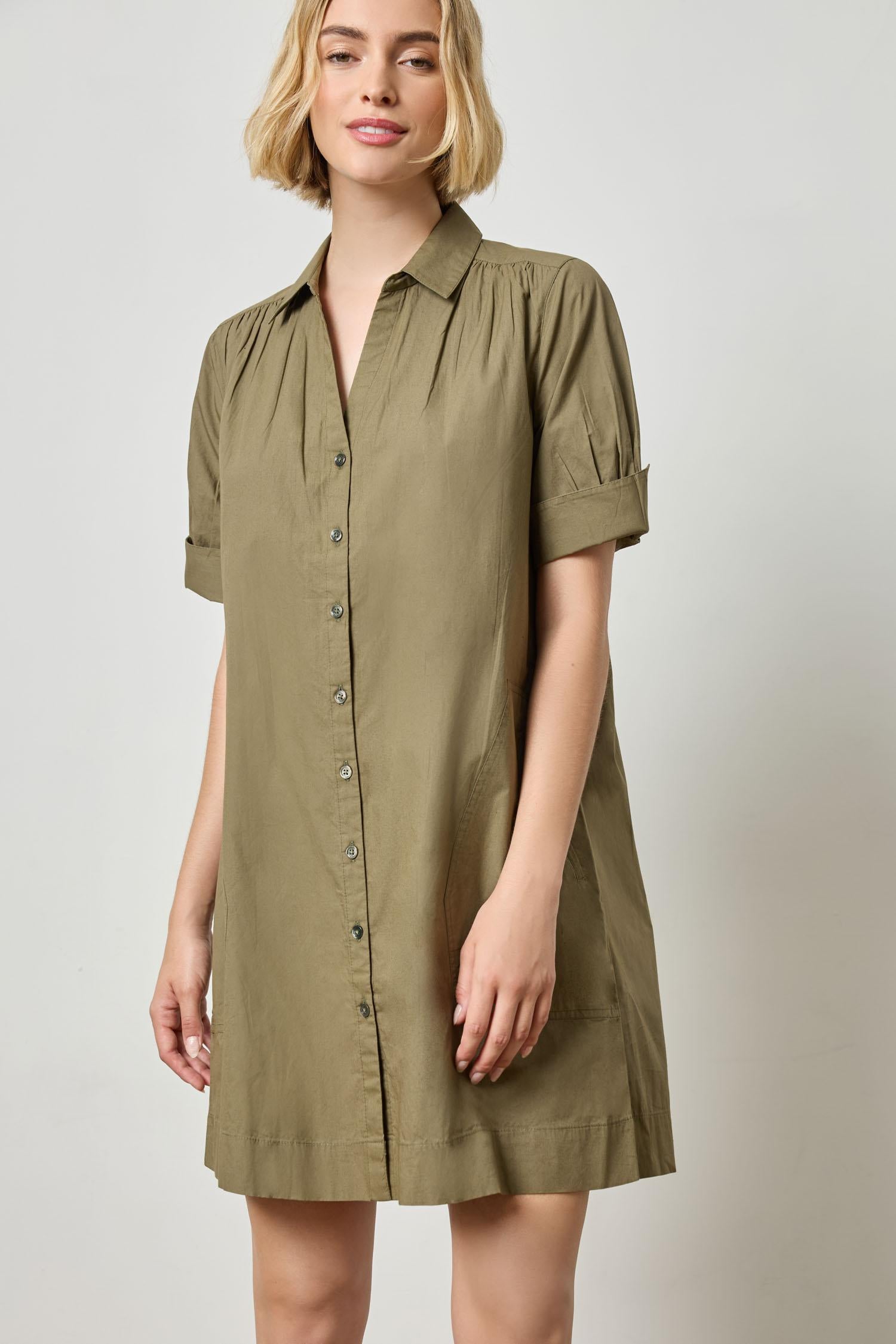 Shirred Sleeve Shirt Dress Womens Dress Kelp A2