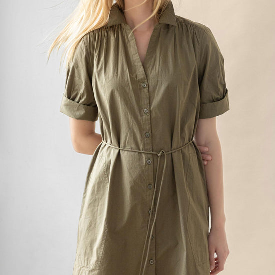 Shirred Sleeve Shirt Dress Womens Dress Kelp C1