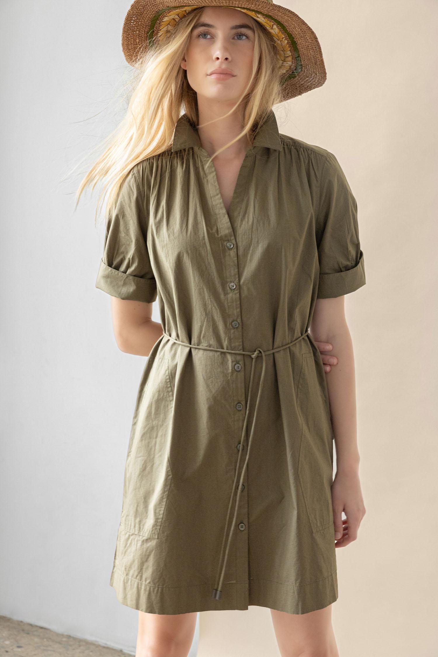 Shirred Sleeve Shirt Dress Womens Dress Kelp C1