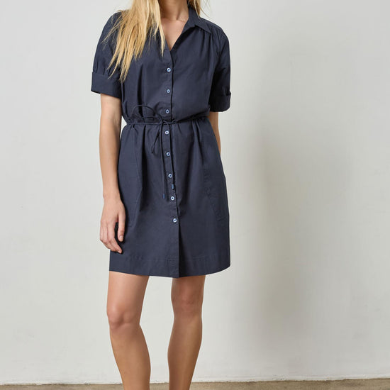 Shirred Sleeve Shirt Dress Womens Dress Navy A1