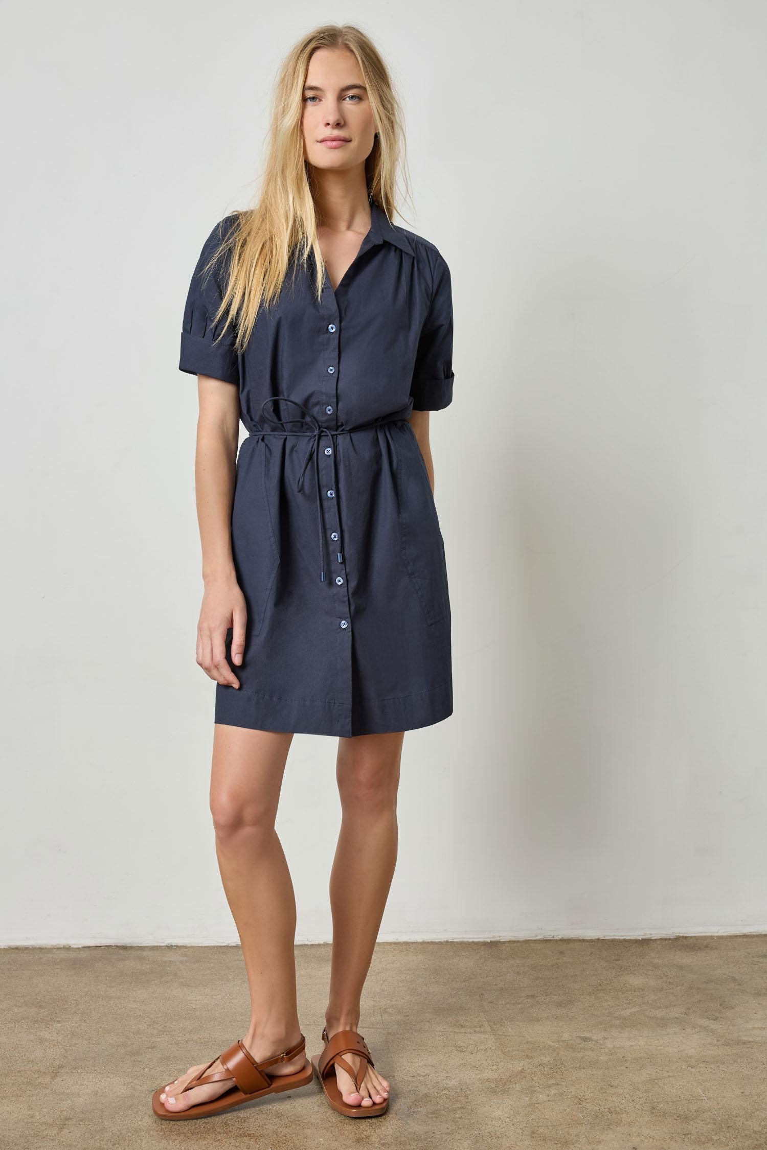 Shirred Sleeve Shirt Dress Womens Dress Navy A1