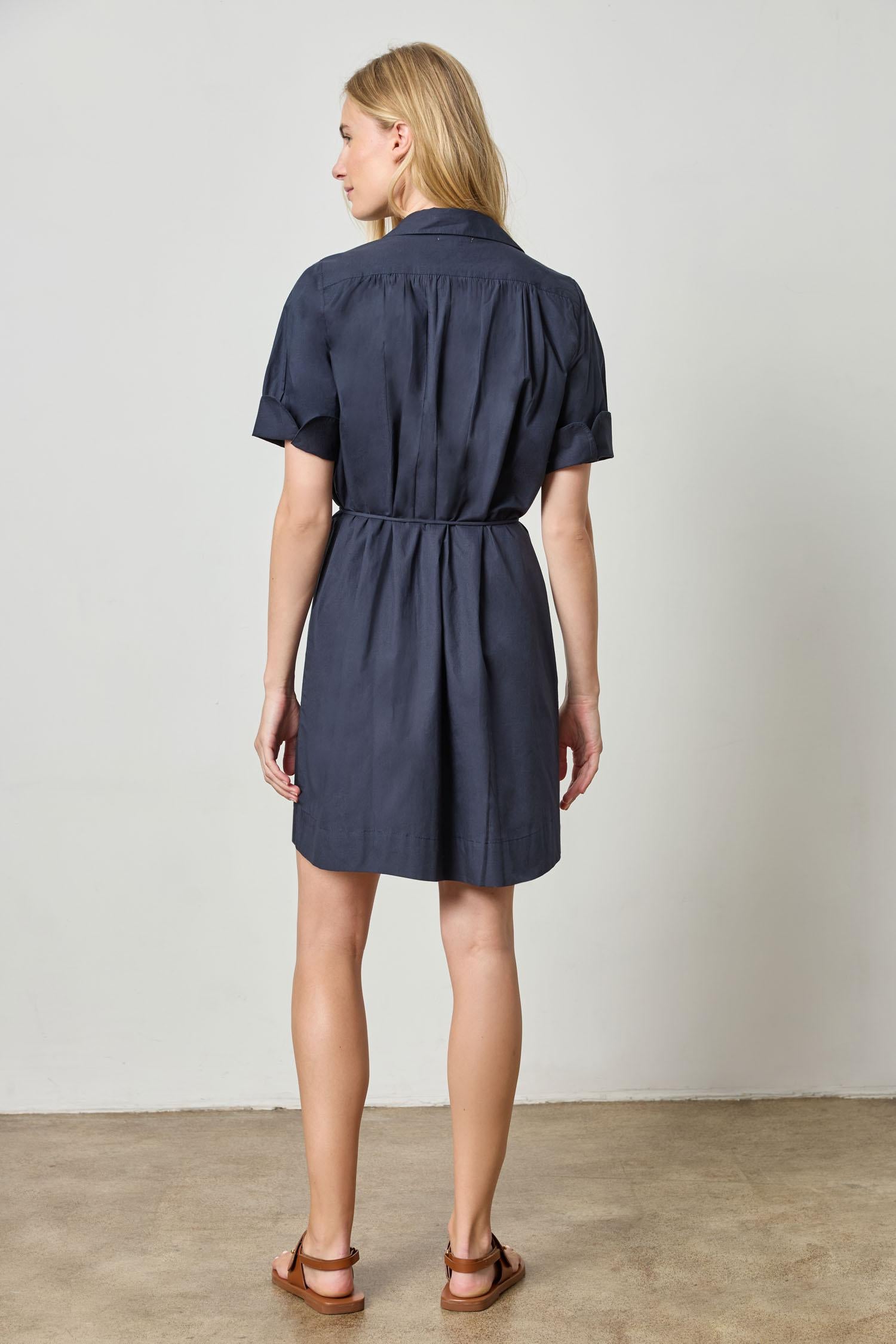 Shirred Sleeve Shirt Dress Womens Dress Navy A2