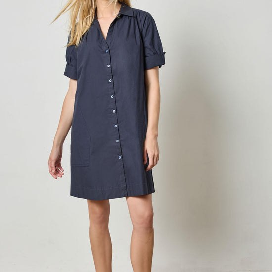 Shirred Sleeve Shirt Dress Womens Dress Navy A3