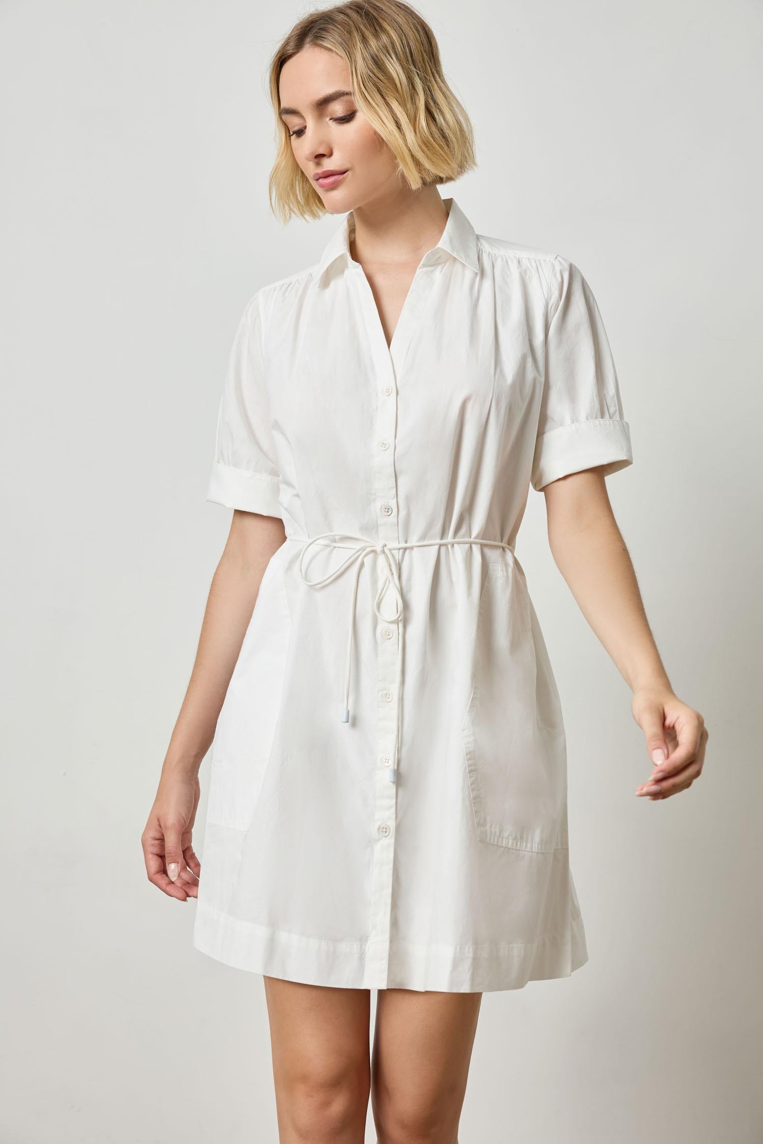 Shirred Sleeve Shirt Dress Womens Dress White A1