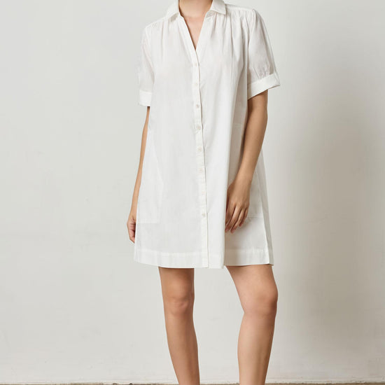 Shirred Sleeve Shirt Dress Womens Dress White A2