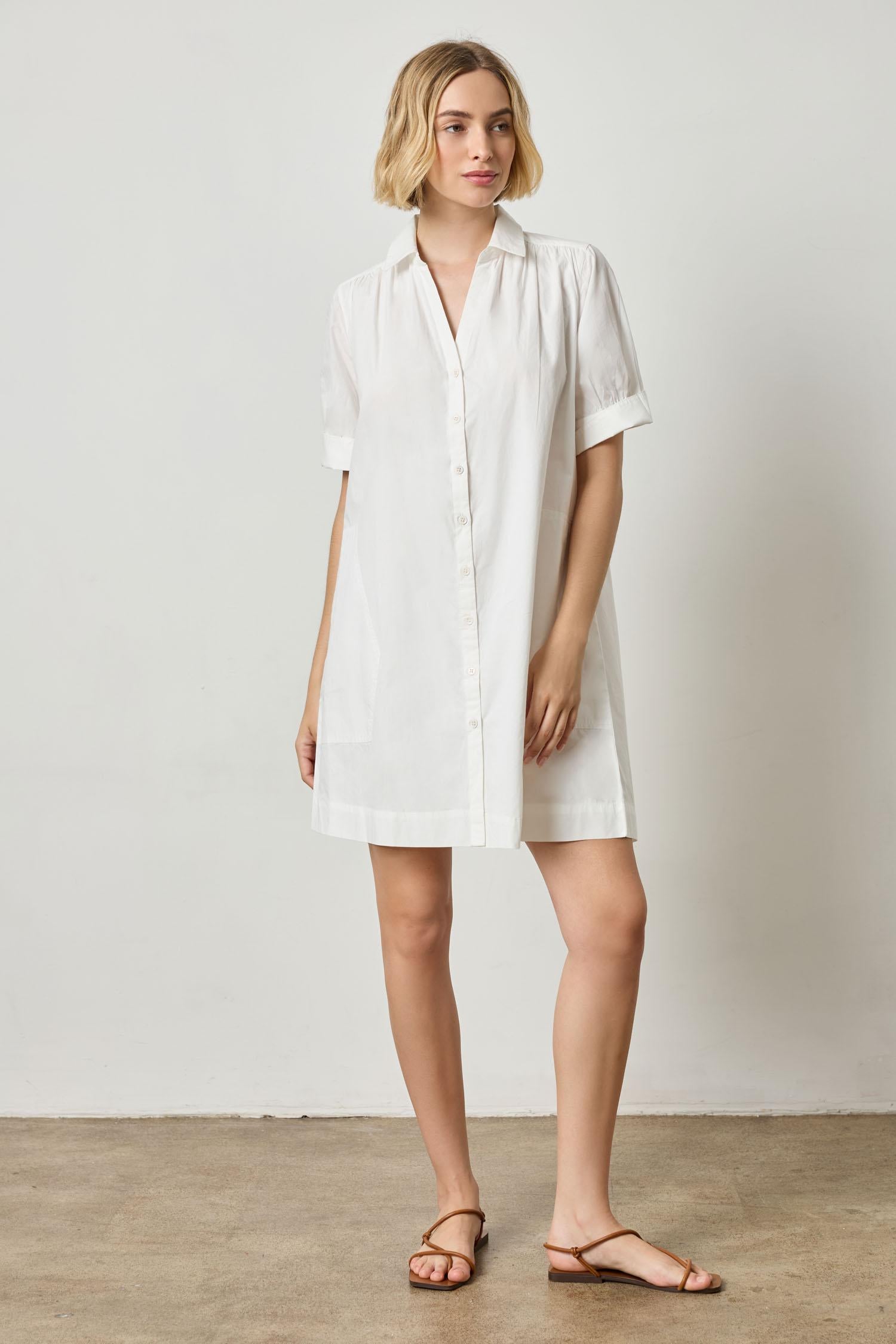 Shirred Sleeve Shirt Dress Womens Dress White A2