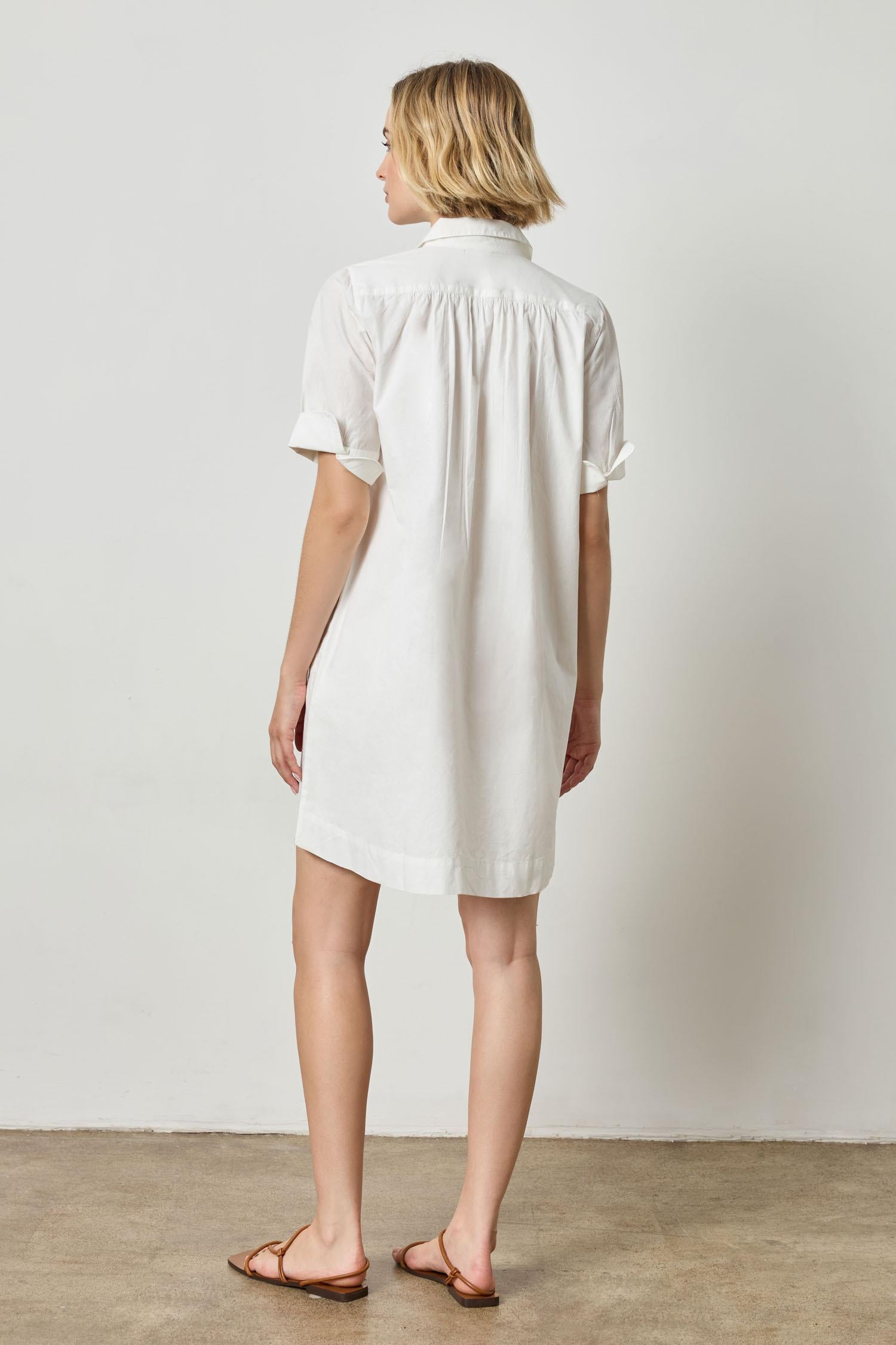 Shirred Sleeve Shirt Dress Womens Dress White A3