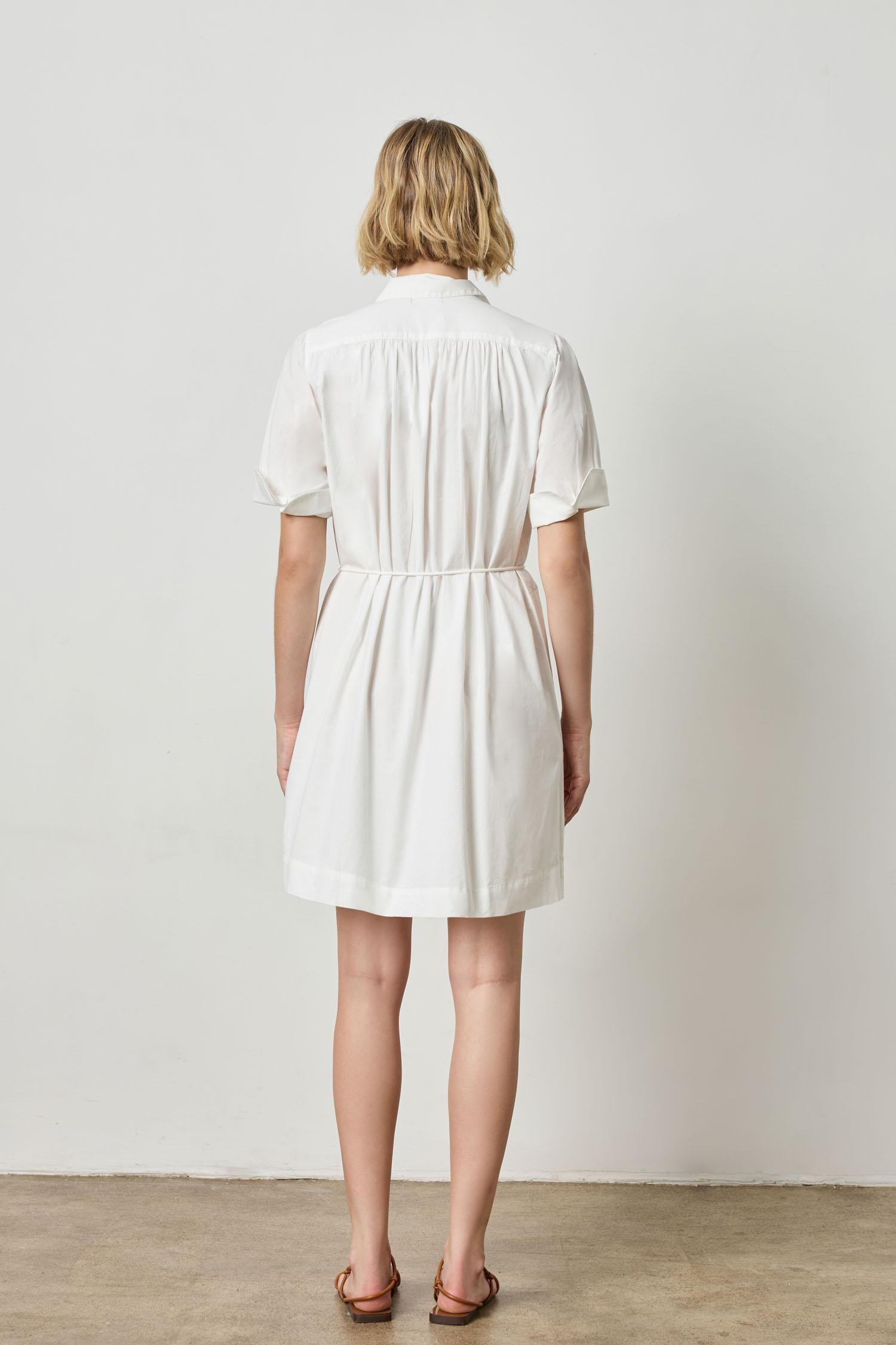 Shirred Sleeve Shirt Dress Womens Dress White A4