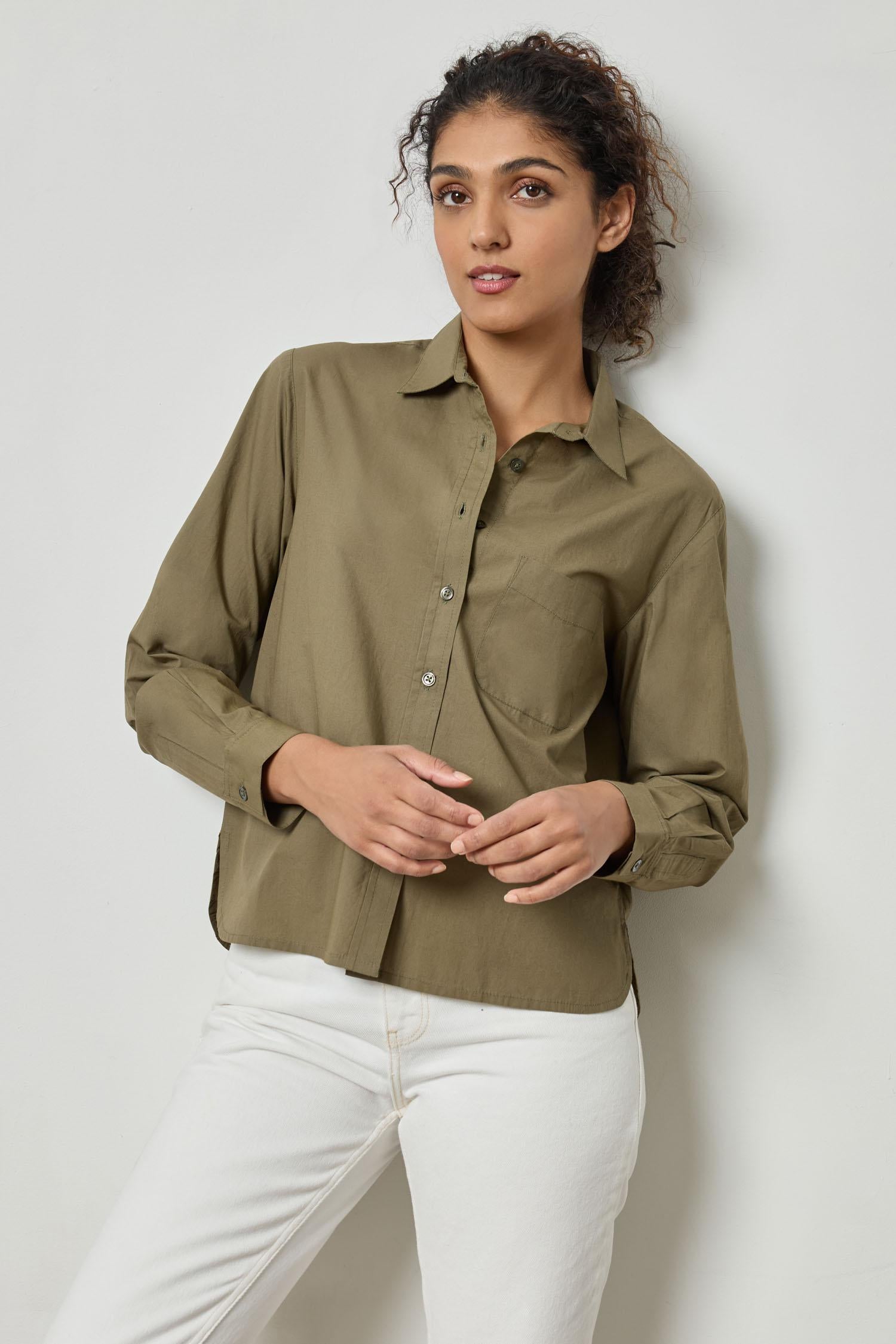 Poplin Button Down Womens Top Kelp A1