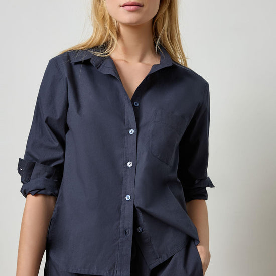 Poplin Button Down Womens Top Navy A1