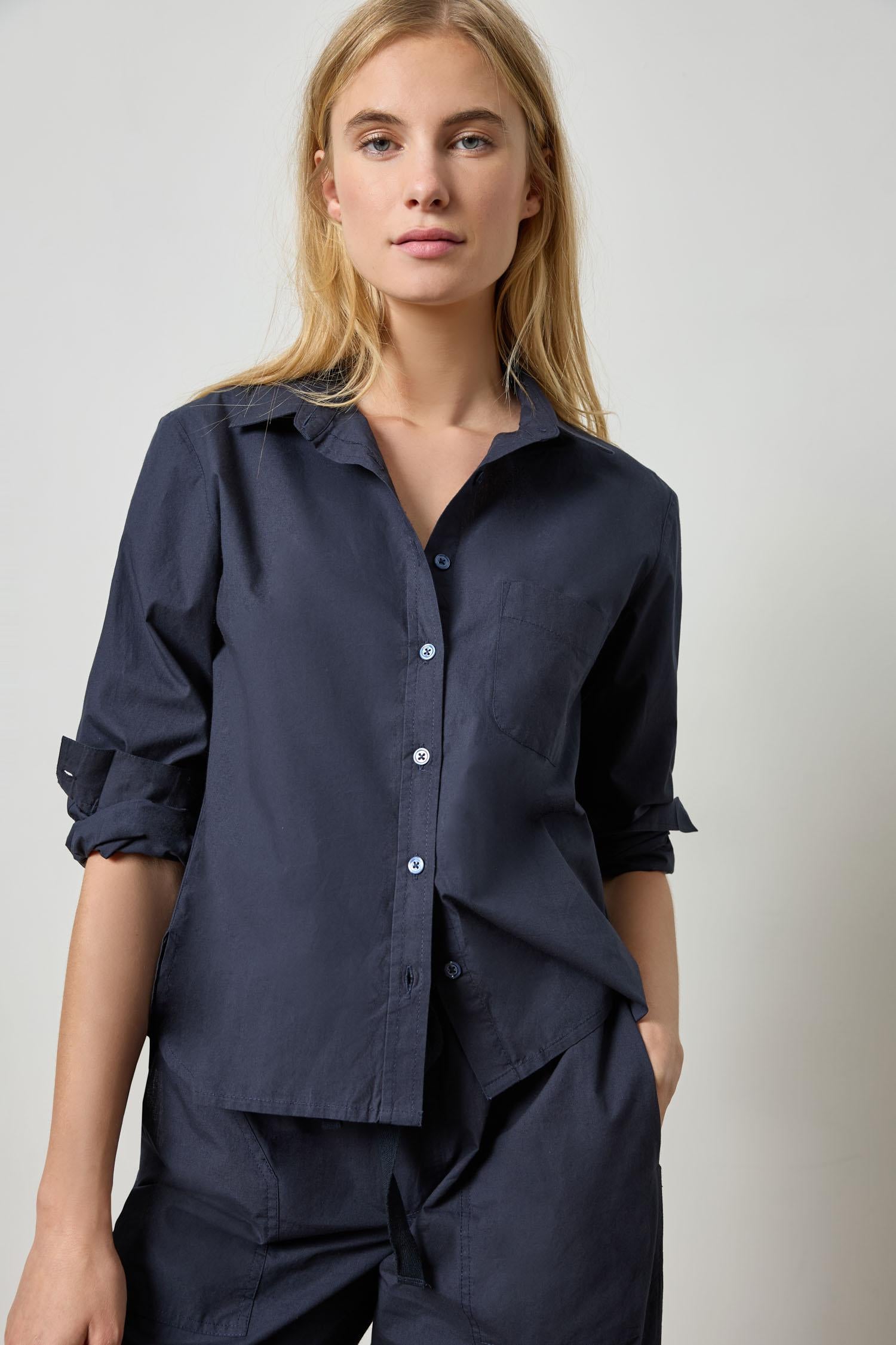 Poplin Button Down Womens Top Navy A1