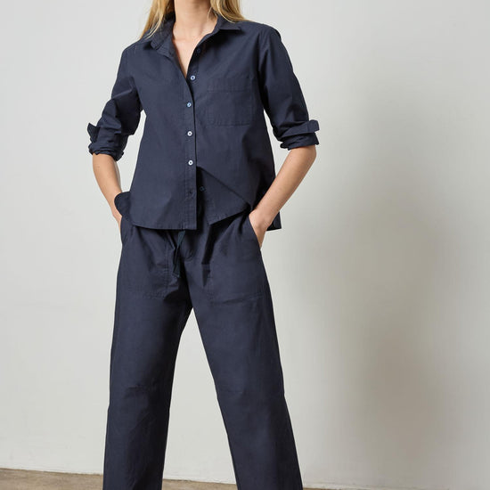 Poplin Button Down Womens Top Navy A3