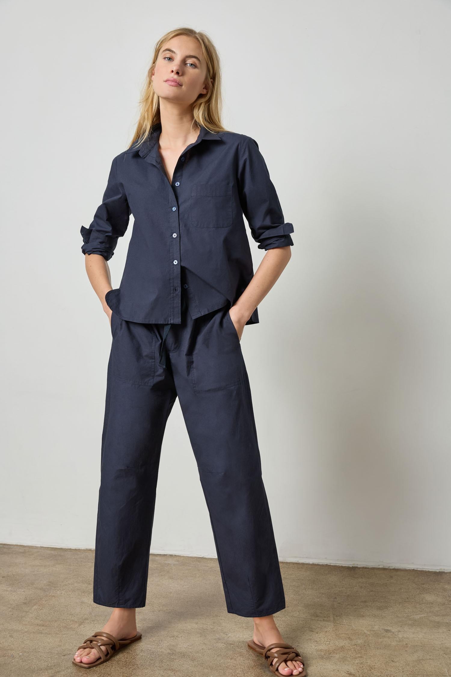 Poplin Button Down Womens Top Navy A3