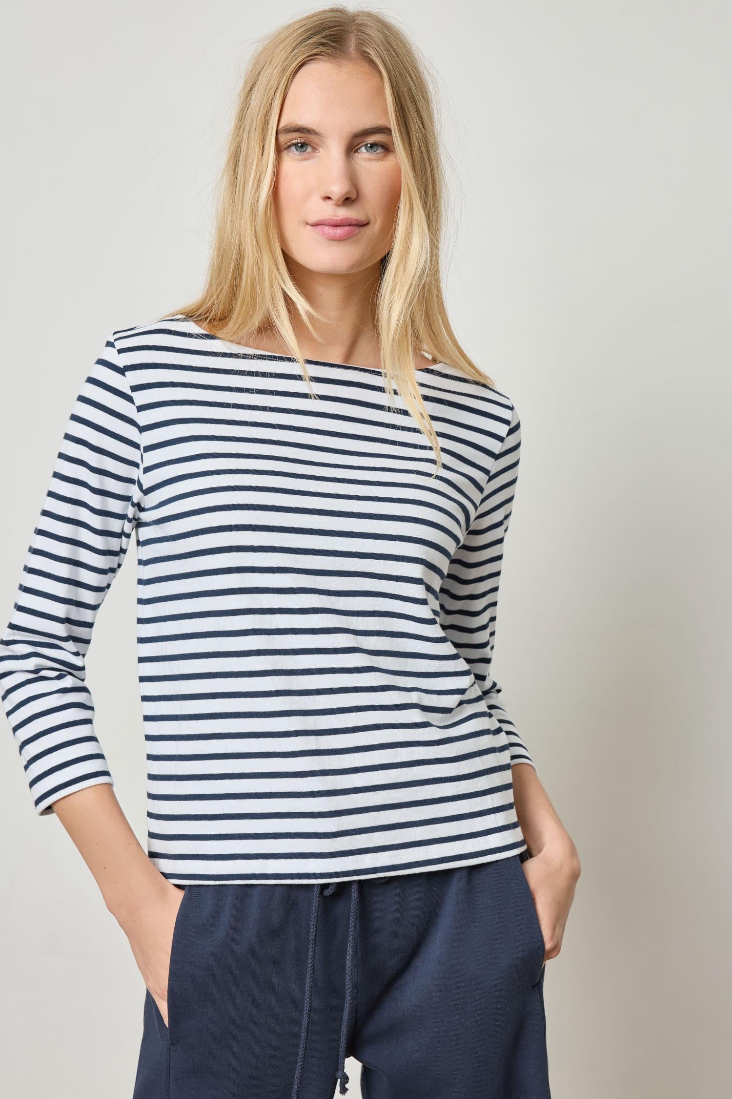 French Boatneck Womens Top Dark Navy Stripe A1